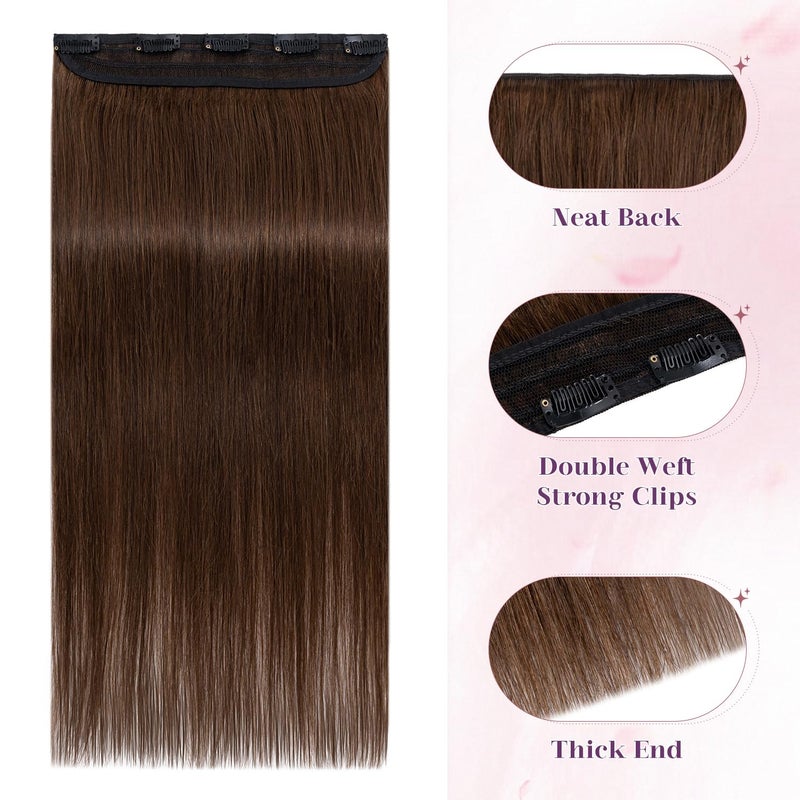 S-noilite Clip in Human Hair Extensions One Piece 5 Clips 3/4 Full Head Clip on Remy Hair Extension For Women Lighter One-Piece Design 18Inch 50g Medium Brown - Image 2